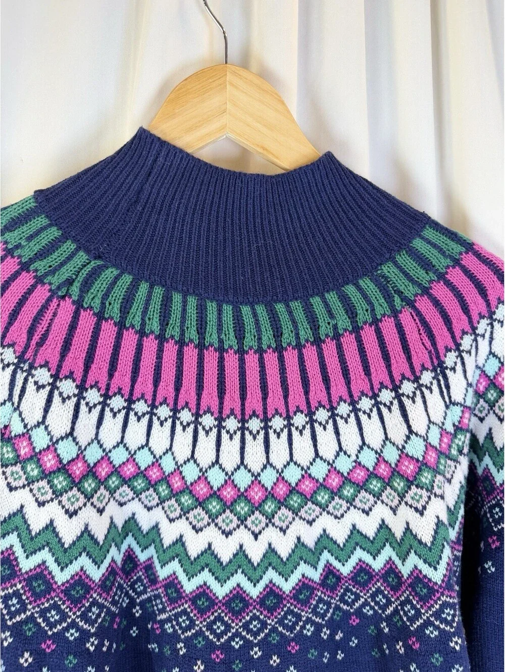 Crown & Ivy Fair Isle Mock Neck Sweater Navy Pink Green White Women's M Oversize